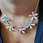 Elegant Multi Flower Link Necklace Set - Silver Multi-Tone with Pastel Flowers and Crystal Insets