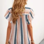 Arlette Split Neck Pleated Ruffled Sleeve Top - Chic & Comfortable Striped Blouse for Casual & Office Wear