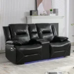 2 Seater Home Theater Recliner Chair with LED Lights, Cup Holders & Storage - Manual Recline, Black