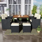 Patio All-Weather 9-Piece PE Wicker Dining Table Set with Wood Tabletop for 8 - Black Rattan & Beige Cushions
