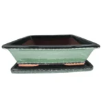 Elegant 37cm Green Glazed Rectangle Bonsai Pot with Drip Tray | Durable & Stylish Design