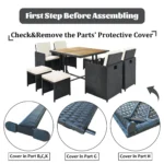 Patio All-Weather 9-Piece PE Wicker Dining Table Set with Wood Tabletop for 8 - Black Rattan & Beige Cushions - Image 4