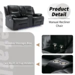 2 Seater Home Theater Recliner Chair with LED Lights, Cup Holders & Storage - Manual Recline, Black - Image 4