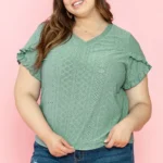 Lakelynn Petal Sleeve Jacquard V Neck Plus Size Blouse - Elegant & Feminine Fluttery Sleeves