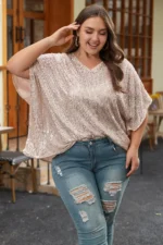 Aileen Plus Size Sequined V Neck Boxy Top - Sparkle & Elegance for Every Occasion - Image 3