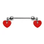 Romantic Red Hearts Nipple Bar - 316L Surgical Steel, 14GA, 14mm Length, 7mm Dangling Acrylic Hearts