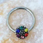 Rainbow Flower Captive Bead Ring - Multi-Color CZ Septum & Cartilage Jewelry - 316L Stainless Steel
