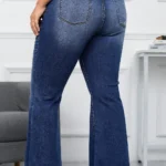 Aila Dark Blue Plus Size Stitching Flare Jeans - Vintage High Waist Bell Bottom Denim
