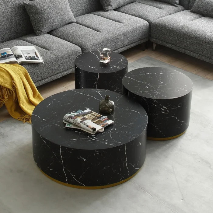Elegant Black Marble Pattern Cocktail Table with Gold Metal Base - 23.62 inch, Modern MDF Coffee Table - Image 6