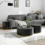 Elegant Black Marble Pattern Cocktail Table with Gold Metal Base - 23.62 inch, Modern MDF Coffee Table - Image 7