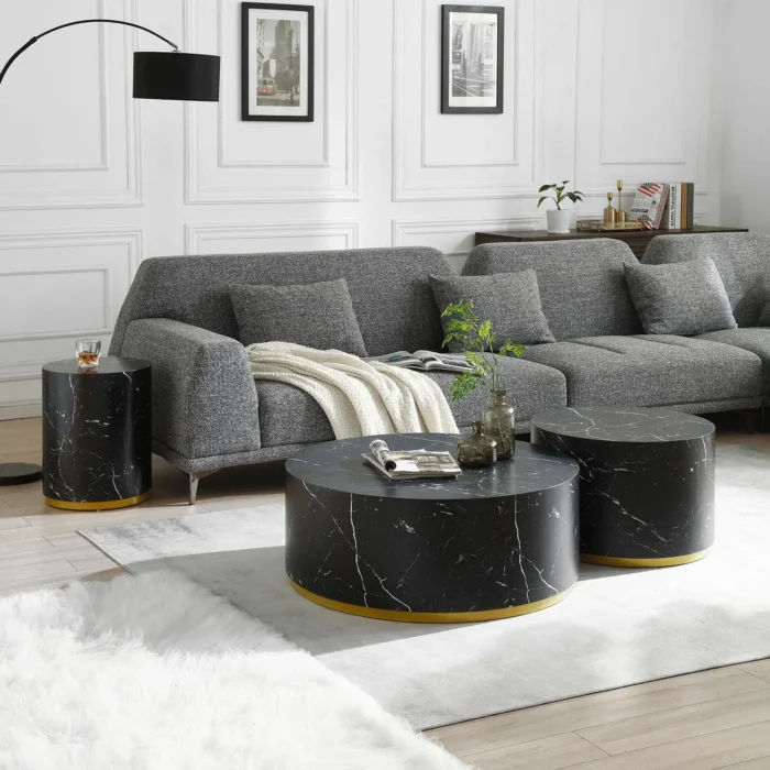 Elegant Black Marble Pattern Cocktail Table with Gold Metal Base - 23.62 inch, Modern MDF Coffee Table - Image 7