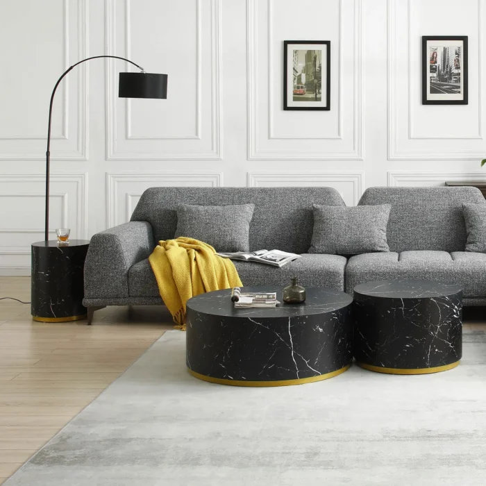 Elegant Black Marble Pattern Cocktail Table with Gold Metal Base - 23.62 inch, Modern MDF Coffee Table - Image 8