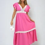 Elegant V-neck Lace Trim Maxi Dress - Perfect for Weddings, Parties & Evening Events