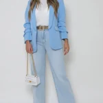 Elegant Ruched Sleeve Casual Blazer with Convenient Side Pockets - Perfect for Any Occasion