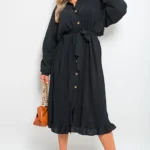Elegant Freya Pleated Frill Button Tie Waist Midi Dress - Perfect for Any Occasion