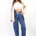Zoey Drawstring Waist Flap Pocket Wide Leg Cargo Jeans Stylish & Comfortable Denim