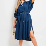 Chic Button Down Collared Midi Dress with Functional Front Pockets - Perfect for Every Occasion