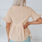 Jovie Split V Neck Babydoll Top - Flowy Top with Ruffled Trim & Lace-Up Detail
