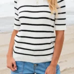 Maisy Striped Half Sleeve Knitted Top - Chic & Cozy Crew Neck Sweater for Women