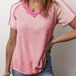 Kaiya Exposed Seam Color Block Knitted V Neck Top - Trendy & Comfortable Women's Fashion | Stylish & Casual Wear