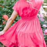 Nora Ruched Sleeve V Neck Tiered Ruffled Smock Waist Dress - Elegant & Flirty Women's Dress