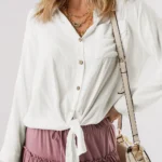 Ellie Knotted Casual Shirt - Trendy Women's Top with Roll-Up Sleeves & Button-Up Style | Versatile & Comfortable