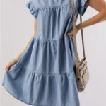 Zoey Ruffle Short Sleeve Tiered A-line Denim Dress - Chic & Playful Denim Fashion
