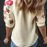August Floral Embroidered Puff Sleeve Blouse | Elegant Floral Design | Chic Ricrac Detail
