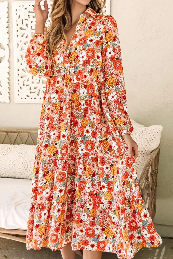Barbara Floral Collared Long Sleeve Ruffled Dress - High Waist V-Neck Elegance for Any Occasion - Image 2