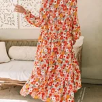 Barbara Floral Collared Long Sleeve Ruffled Dress - High Waist V-Neck Elegance for Any Occasion