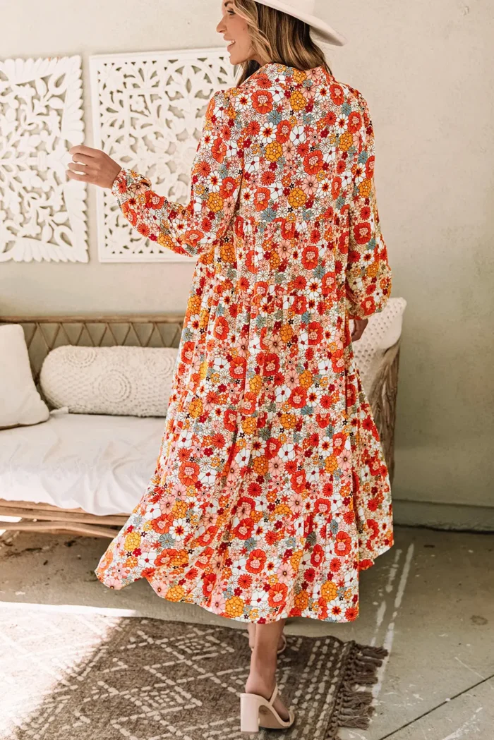 Barbara Floral Collared Long Sleeve Ruffled Dress - High Waist V-Neck Elegance for Any Occasion - Image 1