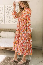 Barbara Floral Collared Long Sleeve Ruffled Dress - High Waist V-Neck Elegance for Any Occasion - Image 3