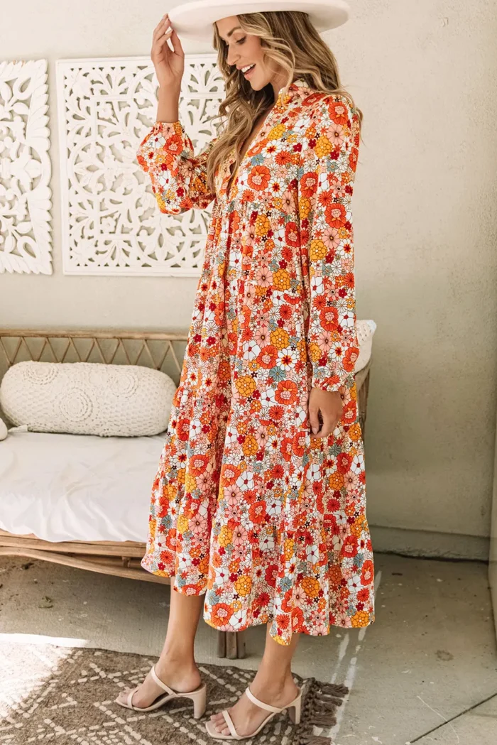 Barbara Floral Collared Long Sleeve Ruffled Dress - High Waist V-Neck Elegance for Any Occasion - Image 3