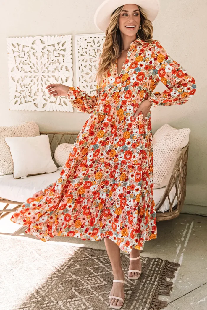 Barbara Floral Collared Long Sleeve Ruffled Dress - High Waist V-Neck Elegance for Any Occasion - Image 4