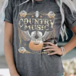 COUNTRY MUSIC Guitar Tee - Classic Crew Neck, Perfect for Festivals & Country Fans