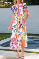 Alena Ricrac Trim Flutter Sleeve Buttoned Floral Maxi Dress Elegant Long Dress for All Occasions