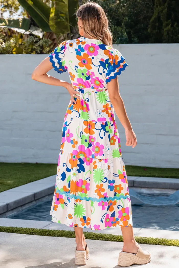 Alena Ricrac Trim Flutter Sleeve Buttoned Floral Maxi Dress Elegant Long Dress for All Occasions - Image 2