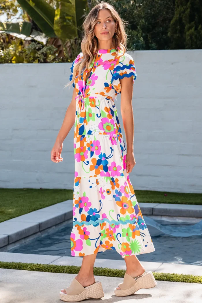 Alena Ricrac Trim Flutter Sleeve Buttoned Floral Maxi Dress Elegant Long Dress for All Occasions - Image 3