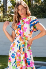 Alena Ricrac Trim Flutter Sleeve Buttoned Floral Maxi Dress Elegant Long Dress for All Occasions - Image 4