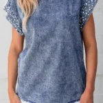 Kelly Acid Wash Denim Top with Pearl Embellishments - Trendy Women's Fashion