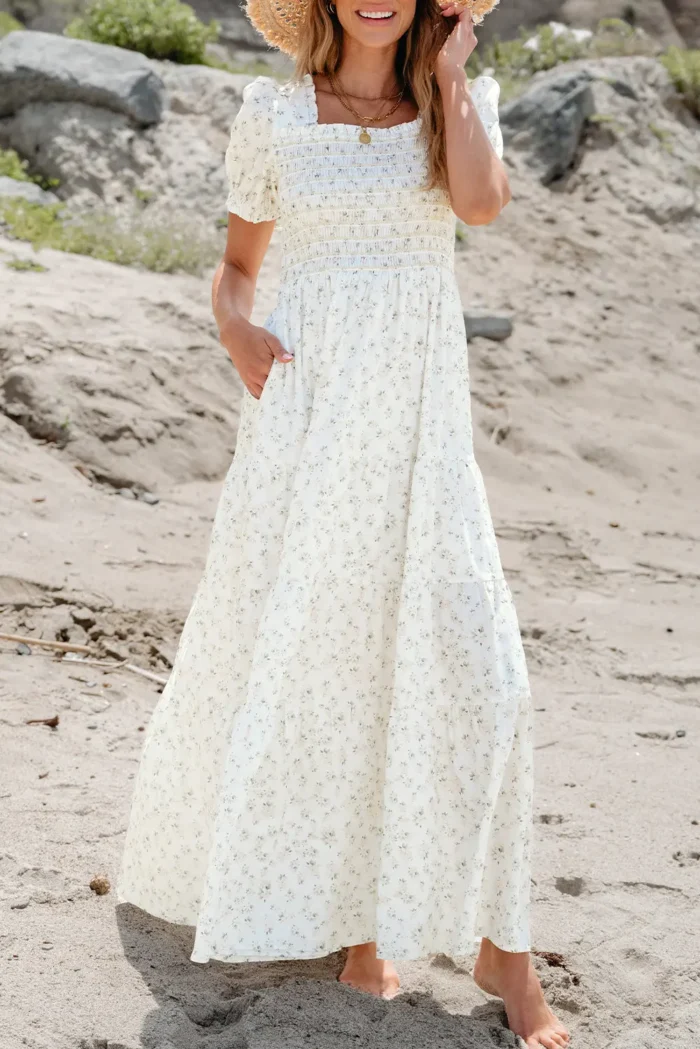 Robin Frilly Shirred Bodice Tiered Floral Maxi Dress - Perfect Summer Style & Elegance - Image 2