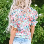 Azaria Floral Print Button Split Neck Puff Sleeve Blouse Elegant, Whimsical & Versatile Women's Top