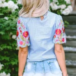 Pearl Gingham Floral Embroidered Puff Sleeve Blouse - Timeless Checkered Top with Delicate Flower Stitching and Frilly Collar