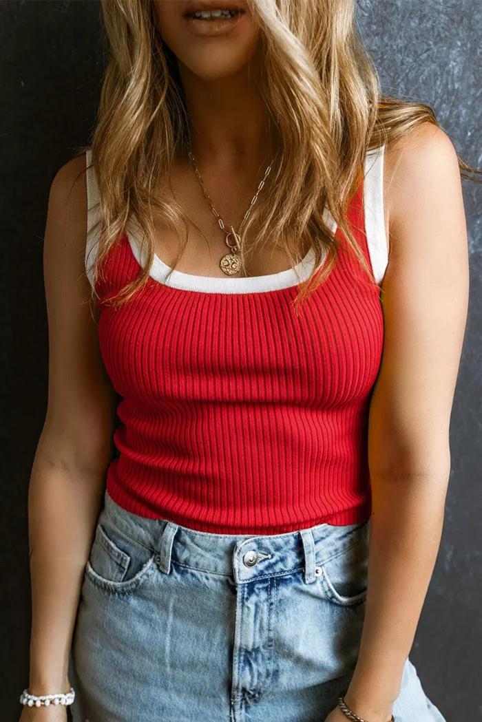 Drew Edge Women's Ribbed Knit U Neck Tank Top Trendy Contrast Neckline, Multiple Colors & Sizes - Image 6