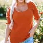 Amoura Textured Knit Bubble Sleeve Square Neck Top - Stylish & Comfortable Cotton-Blend