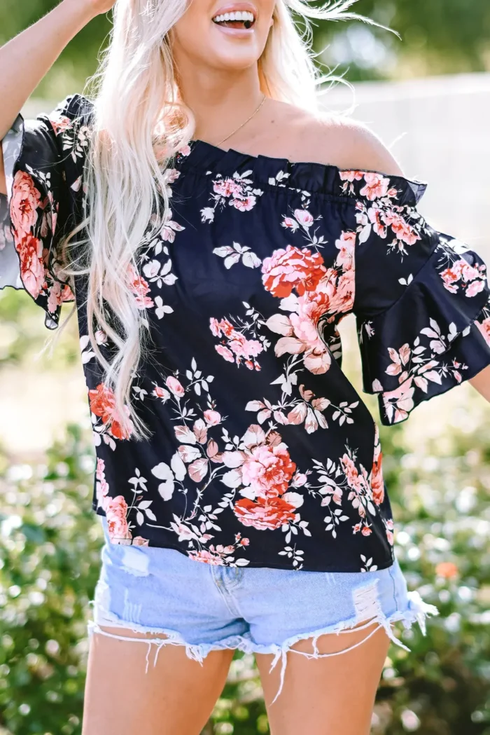 Savanna Ruffle Off Shoulder Floral Blouse - Trendy Women's Top with Flounce Sleeves - Image 1