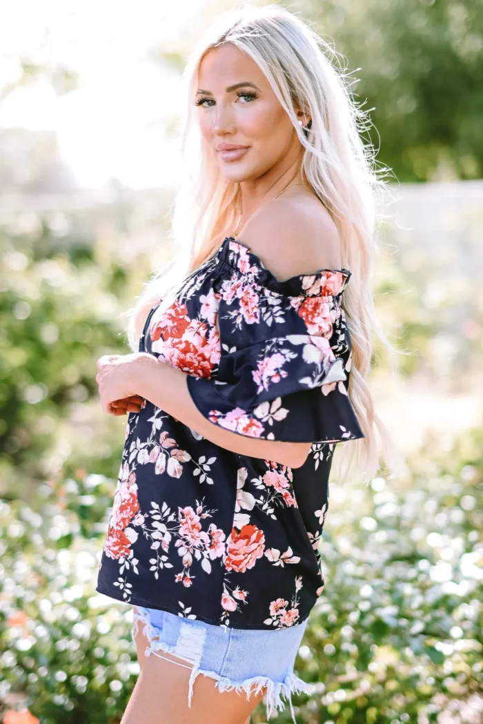 Savanna Ruffle Off Shoulder Floral Blouse - Trendy Women's Top with Flounce Sleeves - Image 3