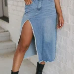 Cheyenne Frayed Slit Asymmetric Denim Midi Skirt - Trendy and Sexy Denim Fashion