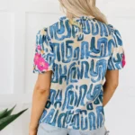 Lara Puff Sleeve Frilled Neck Printed Top - Exquisite Vintage Charm with Unique Abstract Pattern