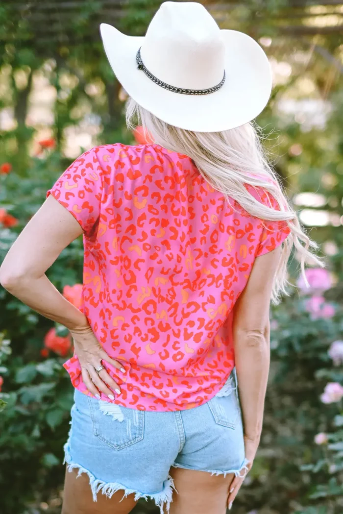 Charley Leopard V Neck Short Sleeve Blouse - Trendy & Comfortable Women's Top - Image 2
